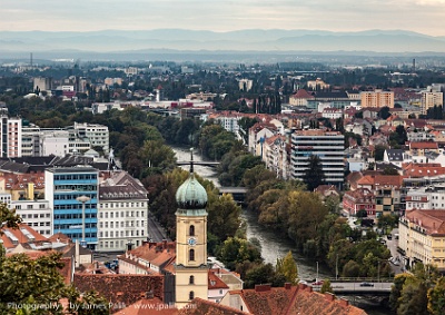 The Mur river from the Schlossberg  Graz, Austria